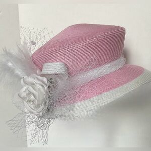 Elegant “Queen Elizabeth Style” Pink and White Hat with Feather and Flower